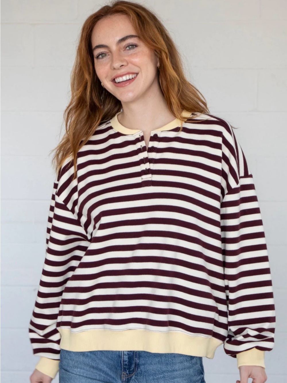 Striped Henley Sweatshirt in Cream and Burgundy